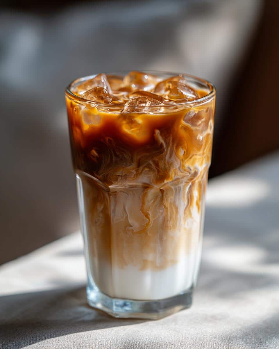 A glass of Iced Caramel Macchiato with ice, caramel drizzle, and layers of milk and coffee.