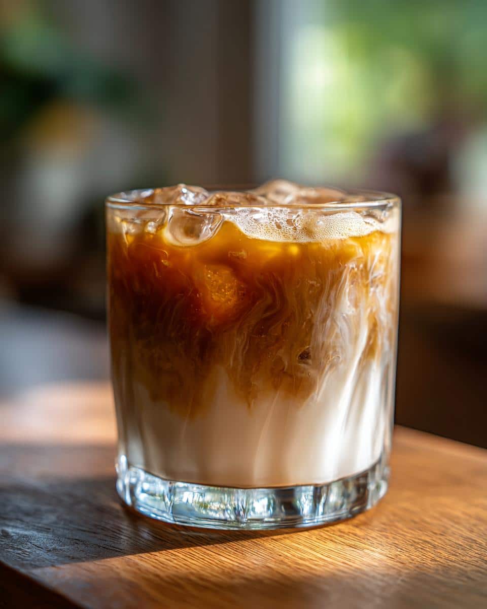 A close-up of a delicious Iced Caramel Macchiato in a glass with ice, showing the layers of milk, coffee, and caramel.