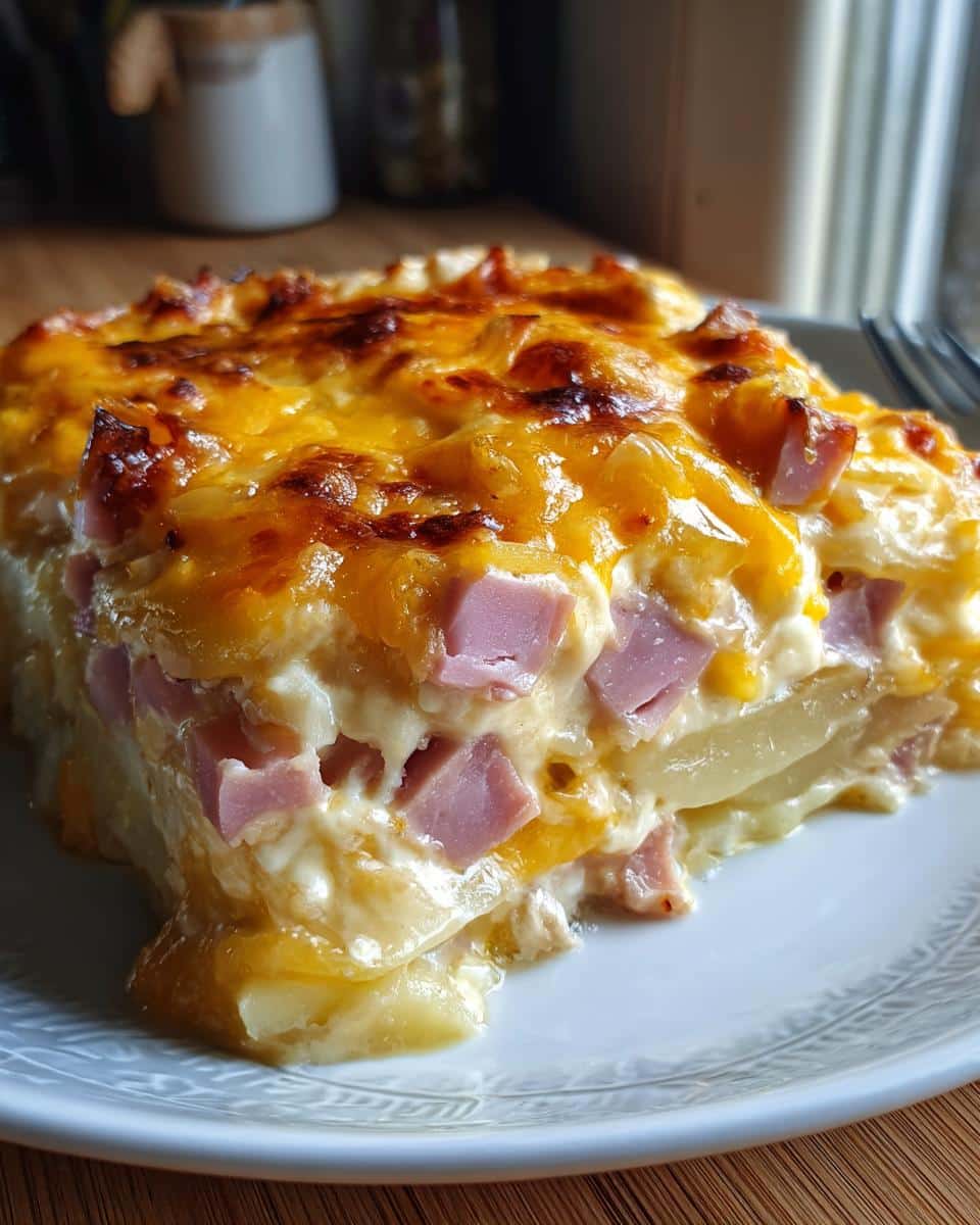 A slice of instant pot cheesy scalloped potatoes and ham on a white plate, showing layers of potato, ham, and cheese.