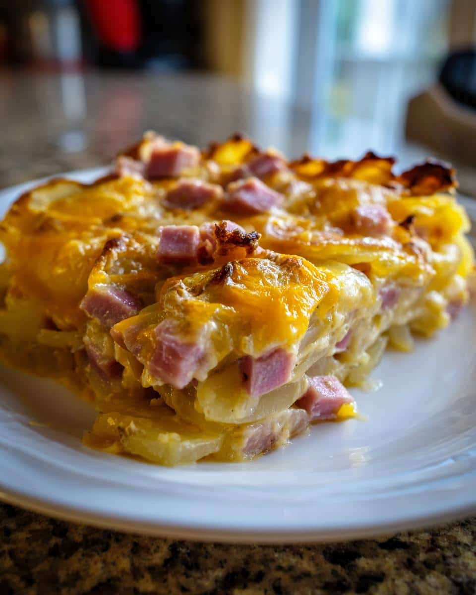 A serving of instant pot cheesy scalloped potatoes and ham, showcasing layers of potatoes, ham, and melted cheese.