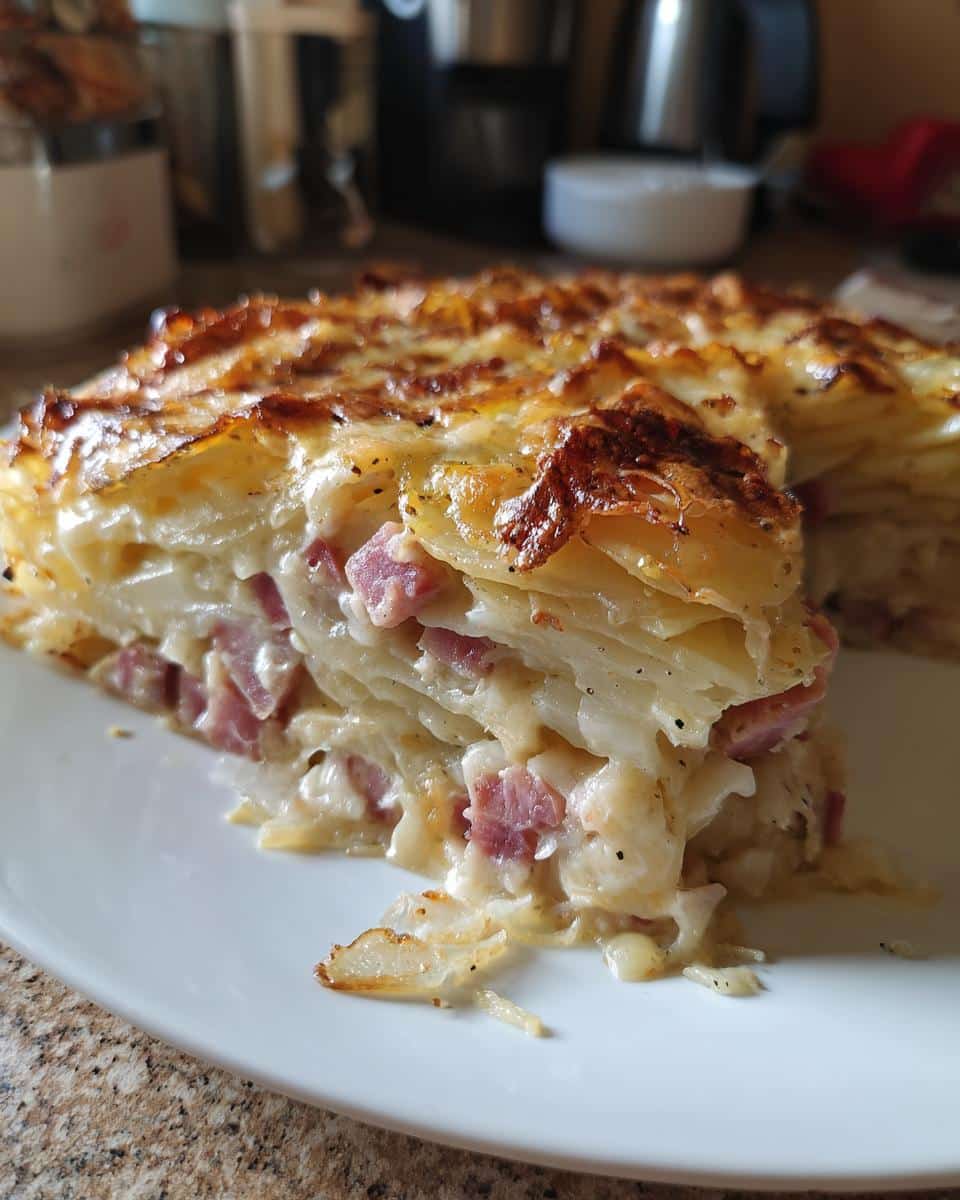A slice of instant pot cheesy scalloped potatoes and ham, showcasing layers of potatoes, cheese, and ham.