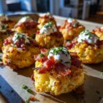 Close-up of Irish appetizers topped with bacon, sour cream, and chives on a baking sheet.