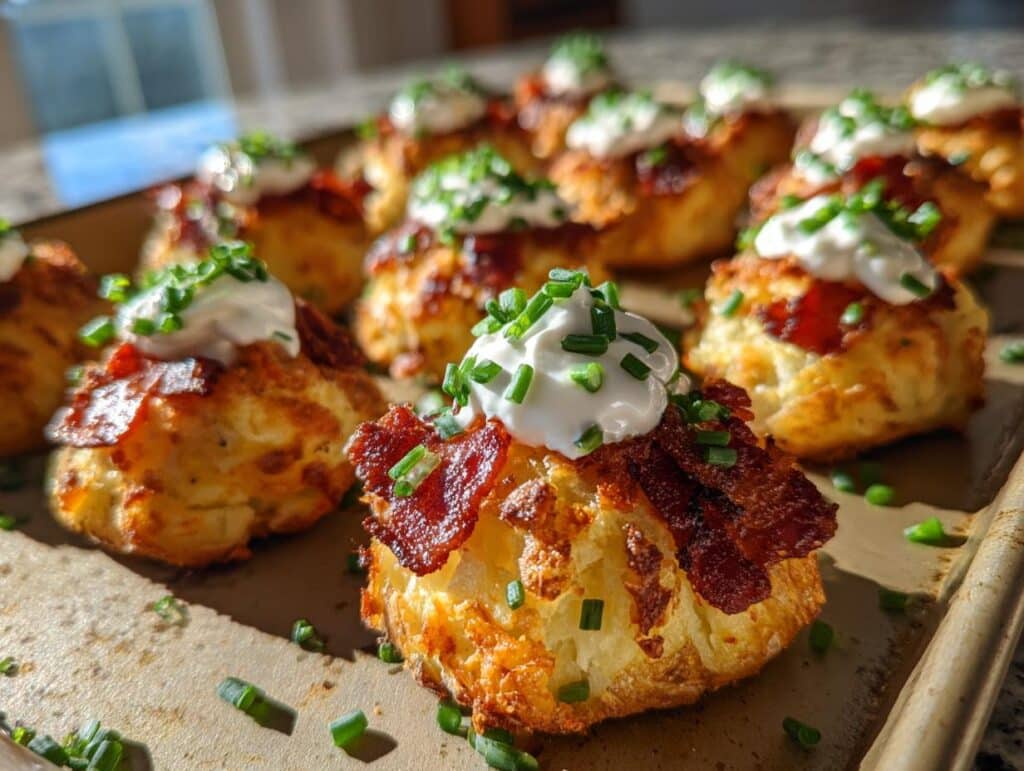 Tray of Irish appetizers topped with bacon, sour cream, and chives. A tasty treat!