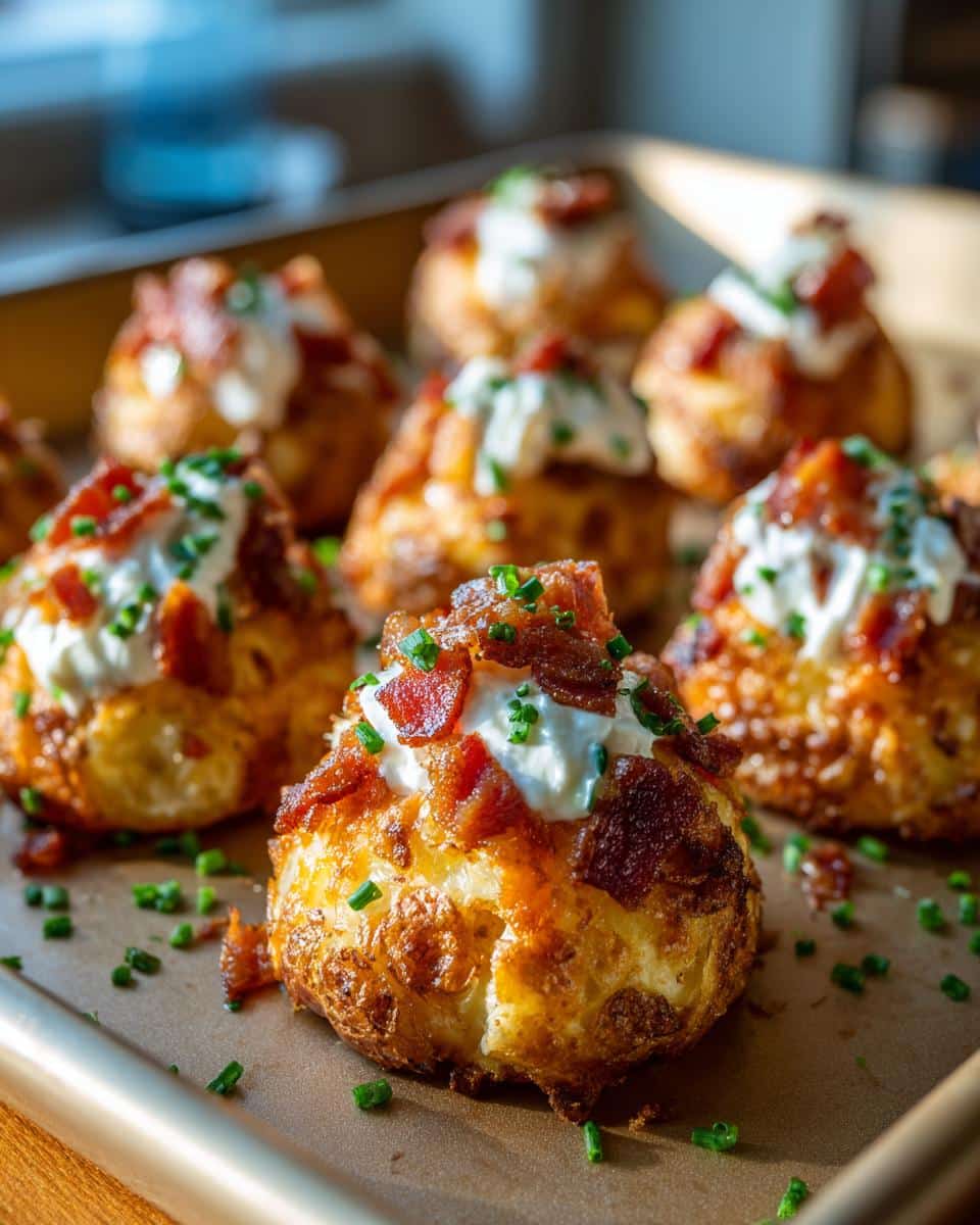 Close-up of Irish appetizers: potato bites topped with cream, bacon, and chives on a baking sheet.