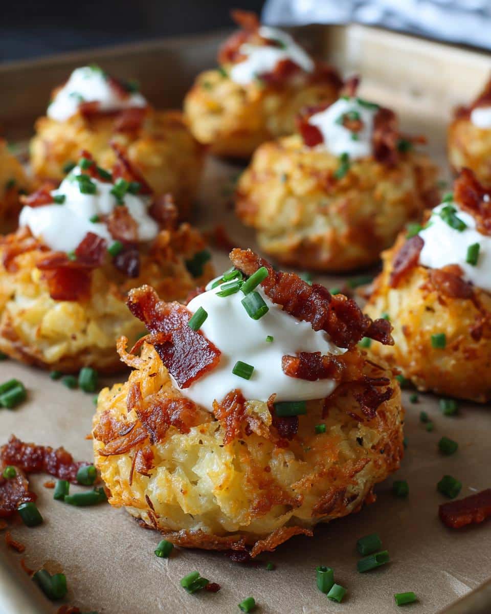 Close-up of Irish appetizers, potato cakes topped with sour cream, bacon, and chives.