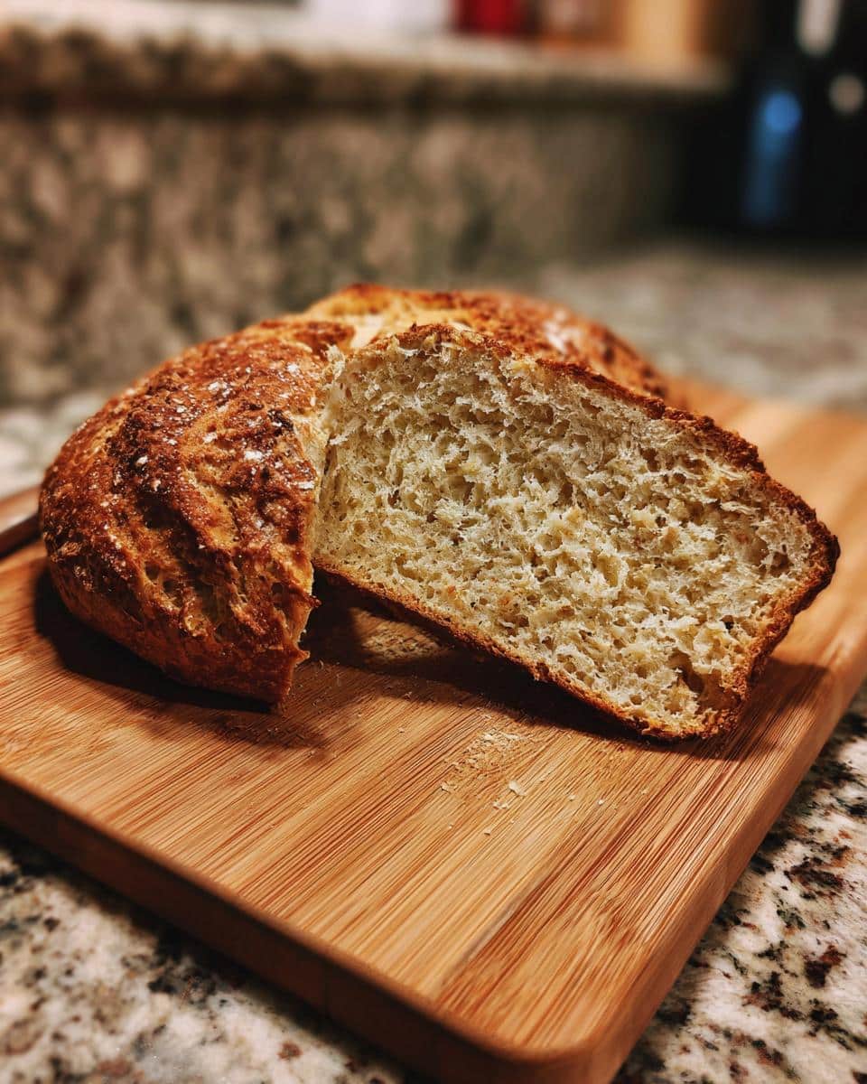 A loaf of Irish food: soda bread, sliced open on a wooden cutting board, showing the crumb texture.