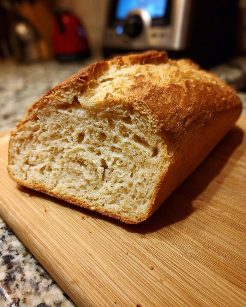 A loaf of freshly baked Irish food: soda bread, cut open to show the texture, sitting on a wooden cutting board.