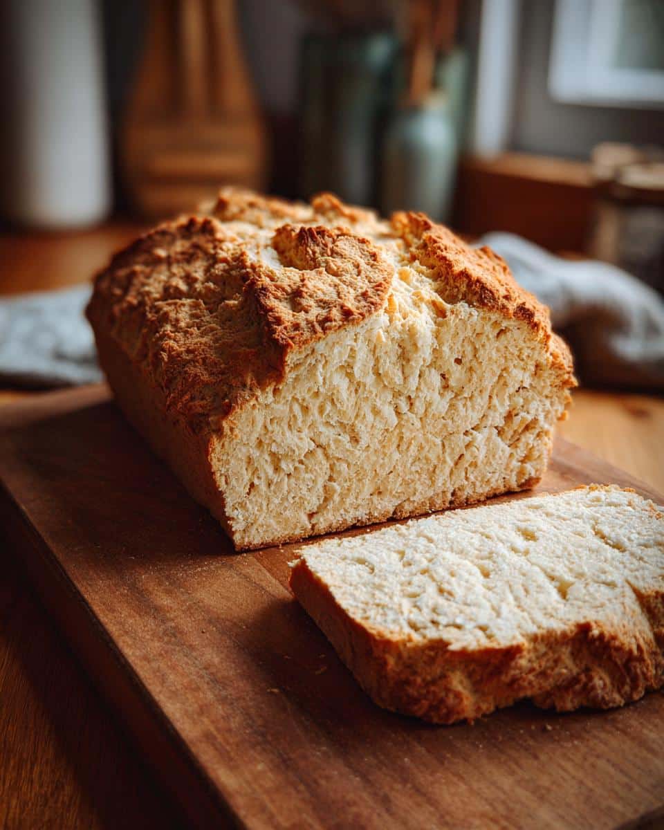 Loaf of fresh Irish food: soda bread, with a slice cut, resting on a wooden board.