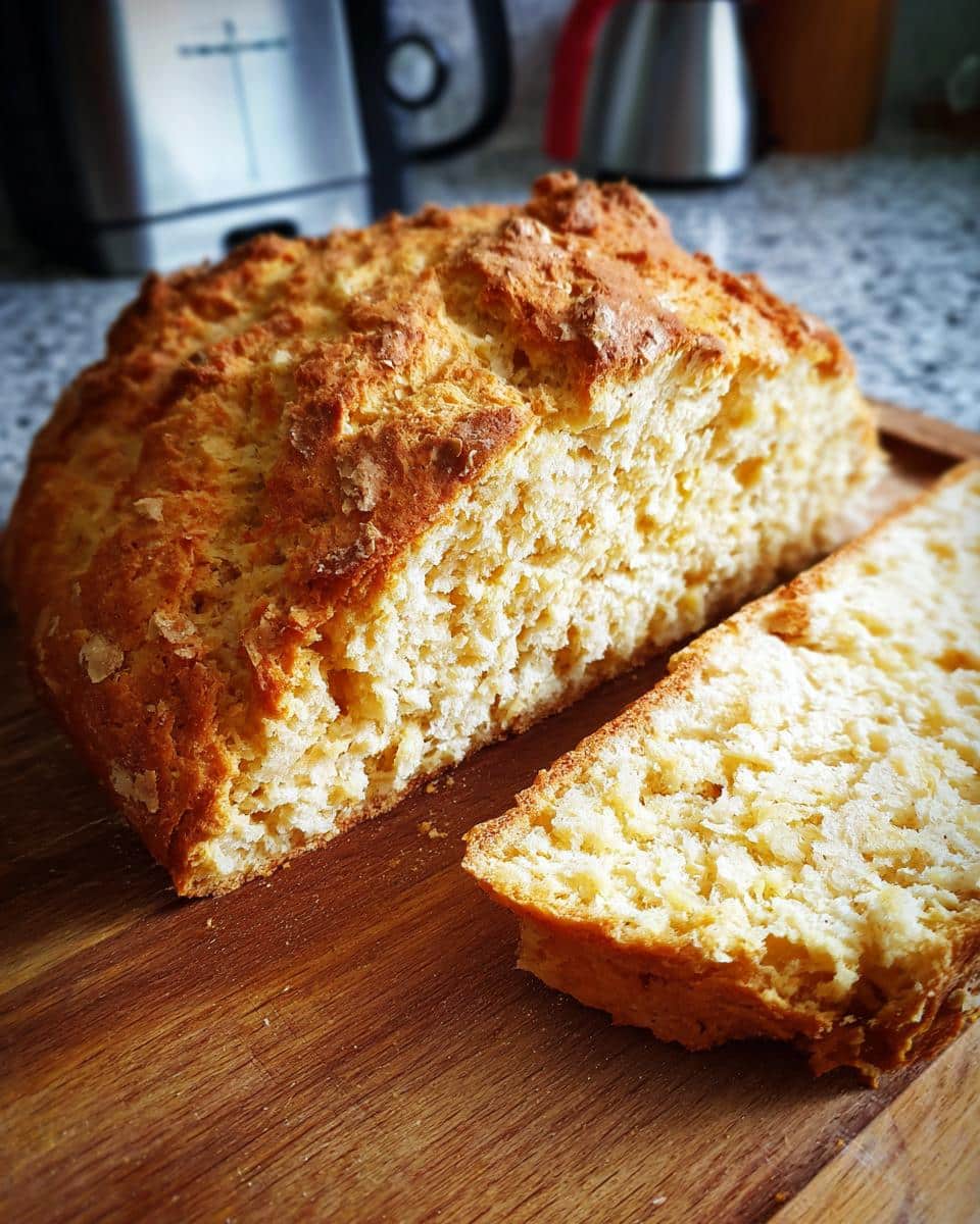 A loaf of freshly baked Irish food, soda bread, on a wooden board with a slice cut off.