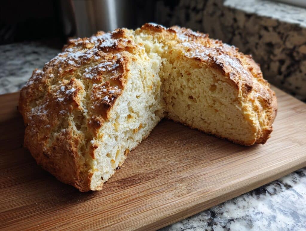 A freshly baked loaf of Irish soda bread recipe, sliced open on a wooden cutting board, dusted with flour.