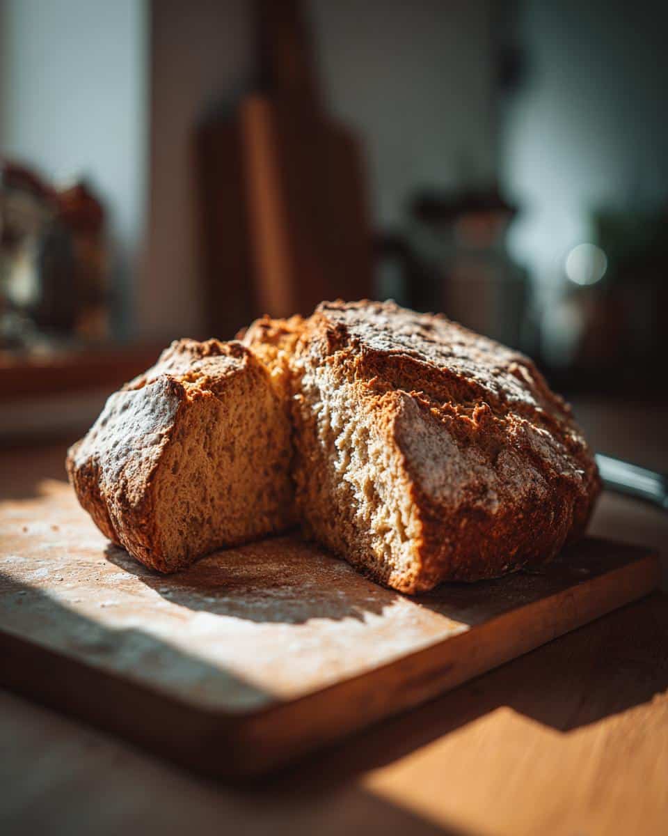 A sliced loaf of Irish soda bread recipe on a wooden board, dusted with flour and lit by natural light.