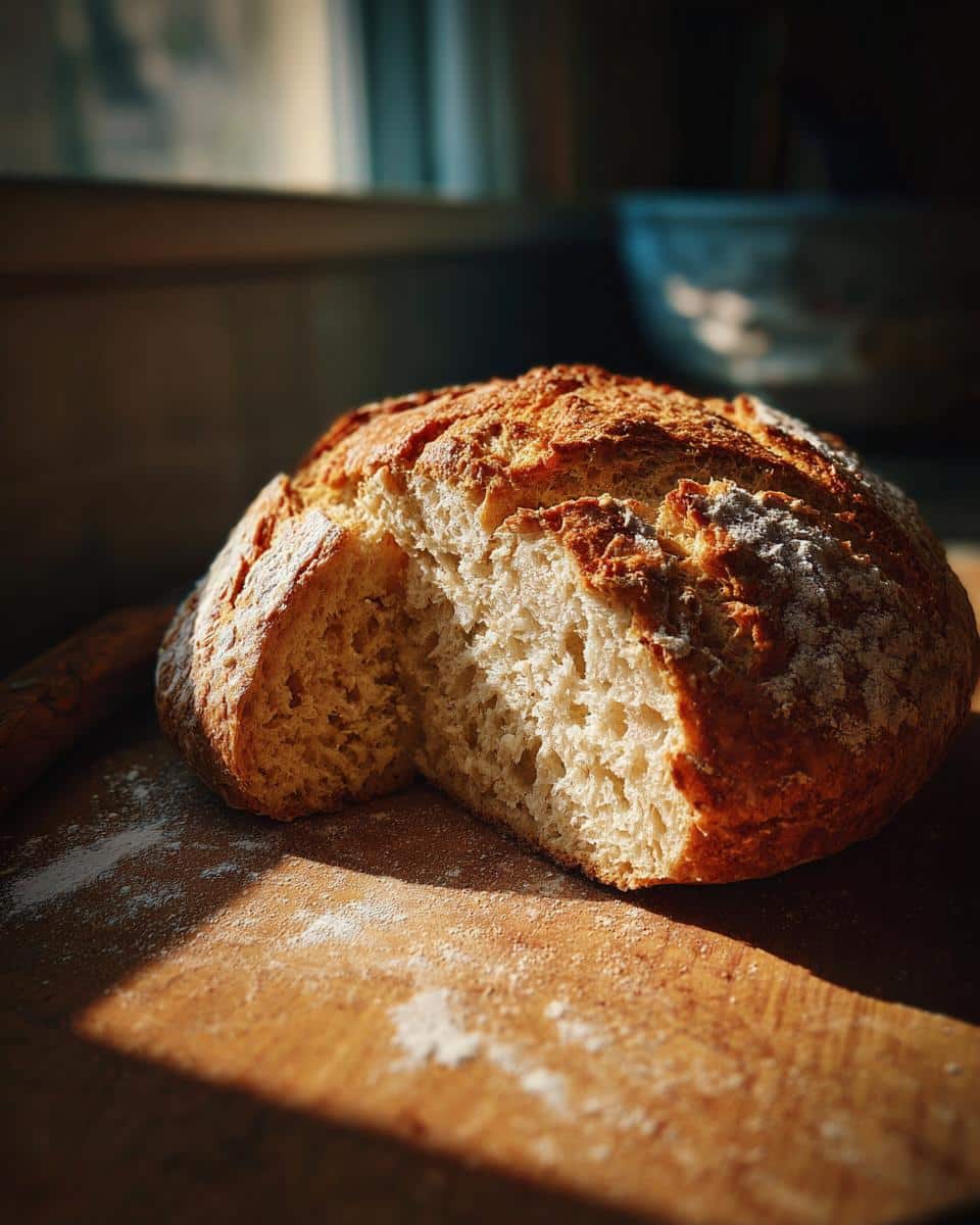 A rustic loaf of Irish soda bread recipe with a slice cut out, sitting on a wooden board.