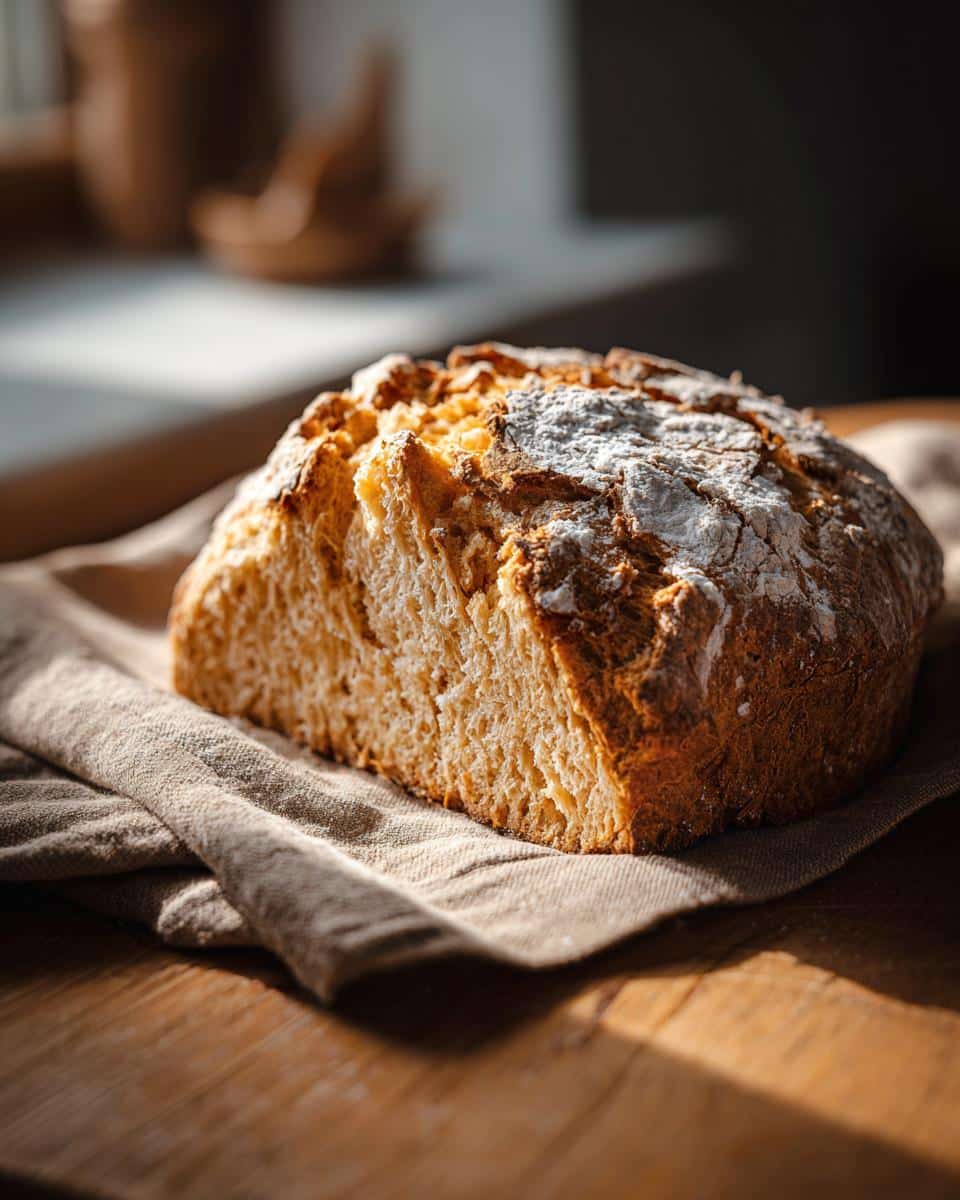 A loaf of golden brown Irish soda bread recipe, dusted with flour, sits on a linen cloth on a wooden surface.