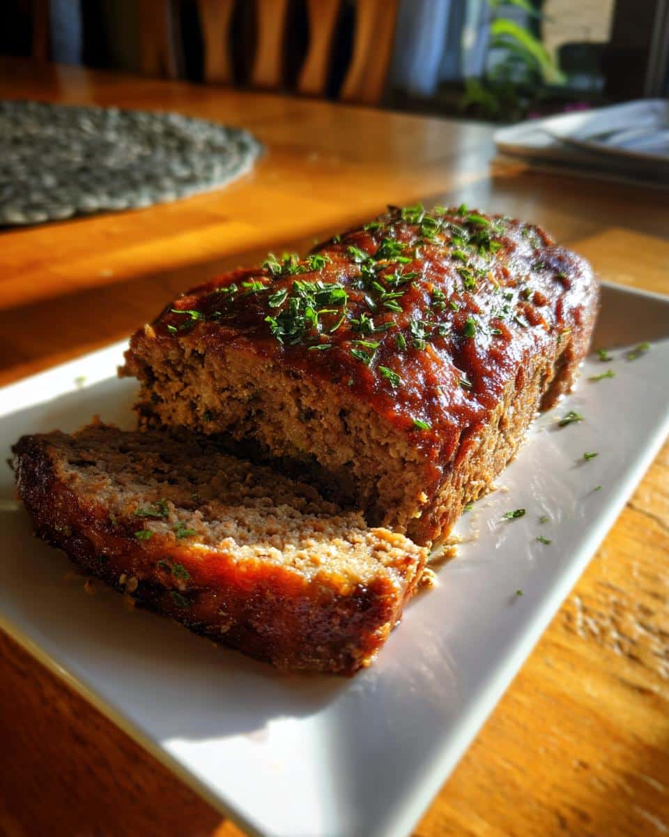 A delicious meatloaf with a slice cut, topped with a glaze and fresh parsley.