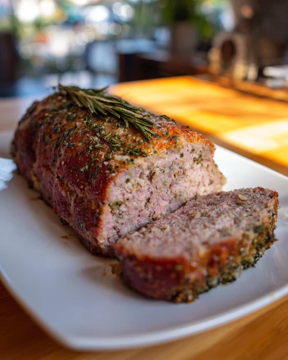 A sliced meatloaf garnished with rosemary on a white plate, showcasing its juicy texture.