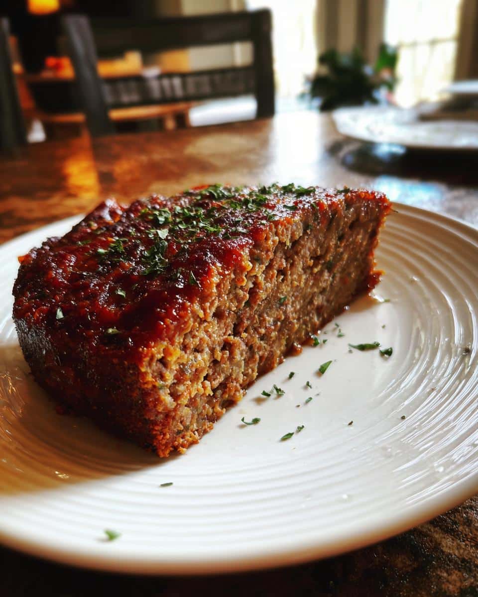 A slice of juicy meatloaf on a white plate, topped with a glaze and fresh herbs.
