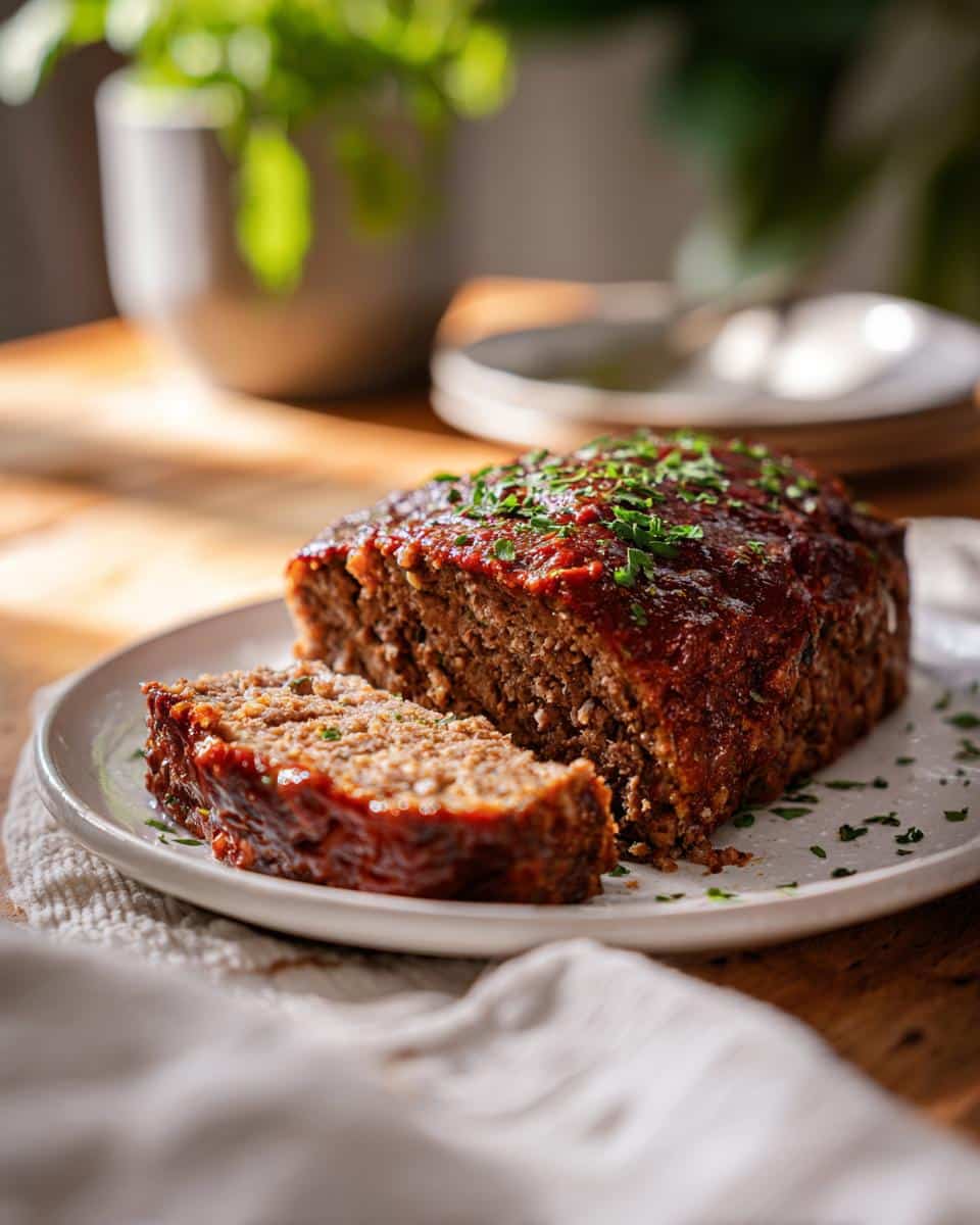 A delicious meatloaf with a slice cut, topped with tomato glaze and fresh parsley.