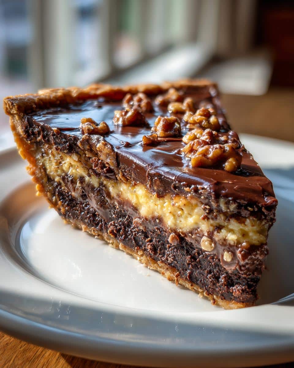 A slice of chocolate walnut pie, perfect for a Kentucky Derby party, showing layers of chocolate, nuts, and filling.