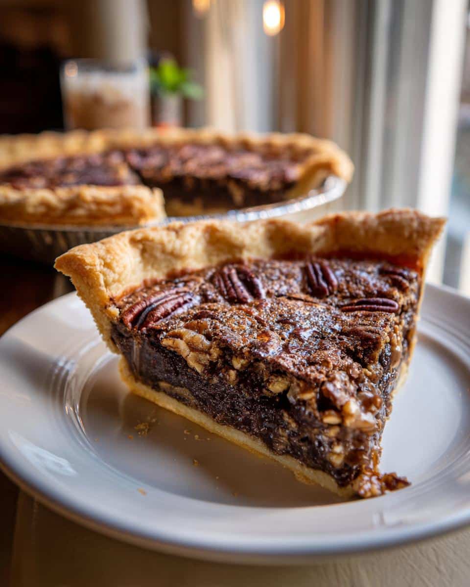 A slice of pecan pie, perfect for a Kentucky Derby party, on a white plate with a whole pie in the background.