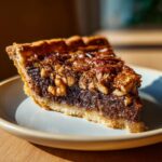 A slice of walnut pie, perfect for a Kentucky Derby party, on a plate with a flaky crust.