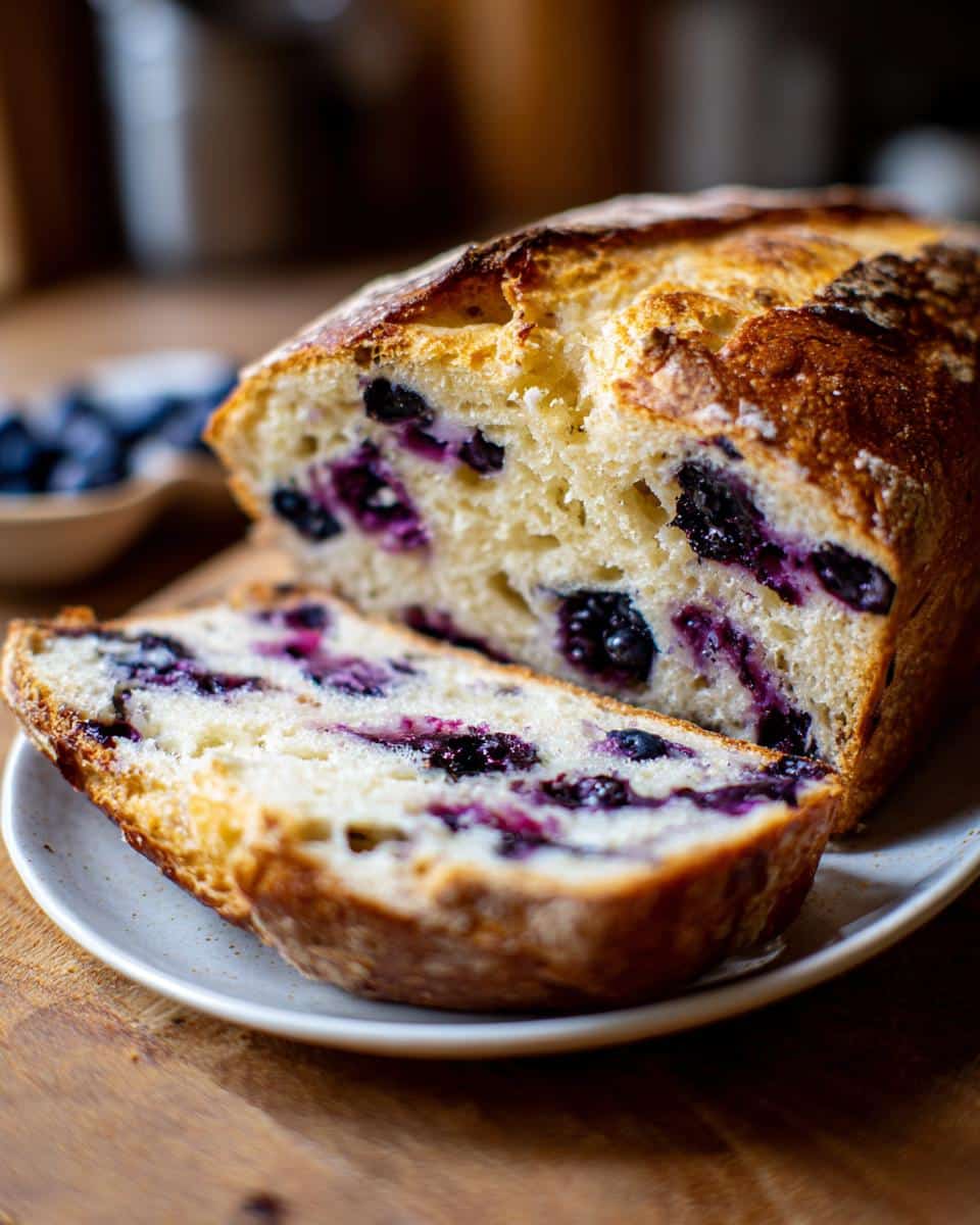 A sliced loaf of lemon blueberry sourdough bread on a plate, showing the blueberries inside.