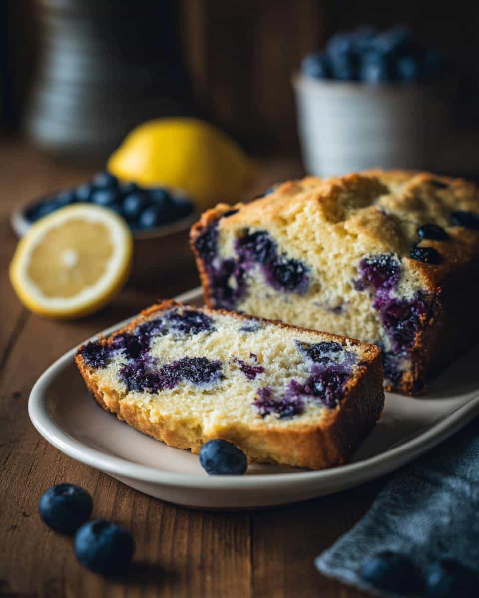 A loaf and slice of lemon blueberry sourdough bread on a plate, with lemons and blueberries in the background.