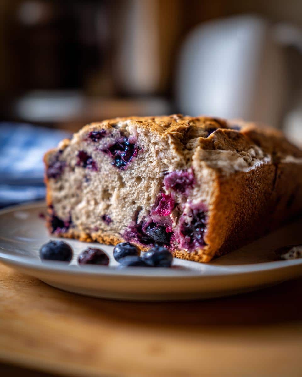 Close-up of a lemon blueberry sourdough bread loaf on a plate, garnished with fresh blueberries.