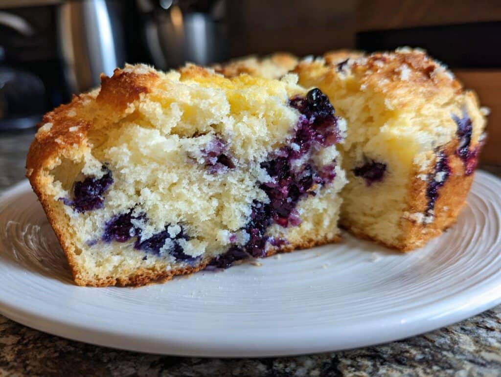 A slice of homemade lemon blueberry sourdough bread on a white plate, showcasing the blueberries and texture.
