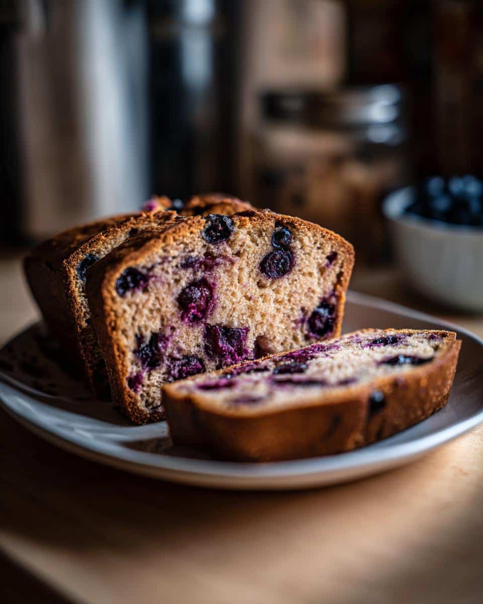 Slices of homemade lemon blueberry sourdough bread on a plate, showing the texture and blueberries.