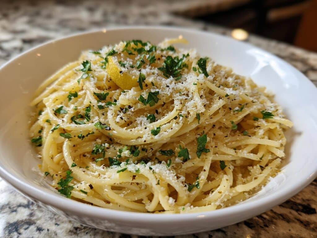 A bowl of Lemon Capellini Salad, garnished with fresh parsley, parmesan cheese, and a lemon wedge.