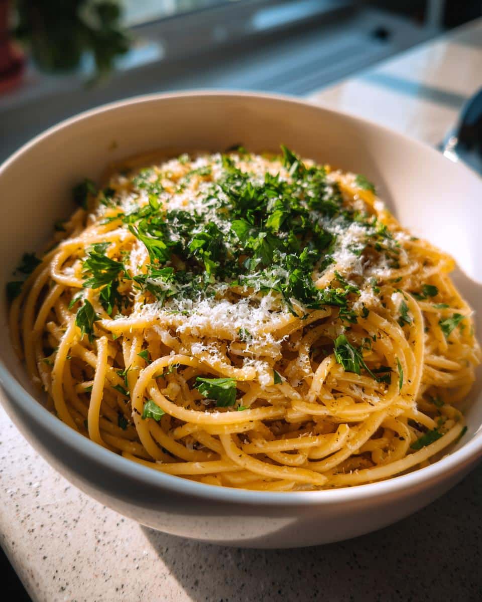 A bowl of Lemon Capellini Salad topped with fresh parsley and parmesan cheese, ready to serve.