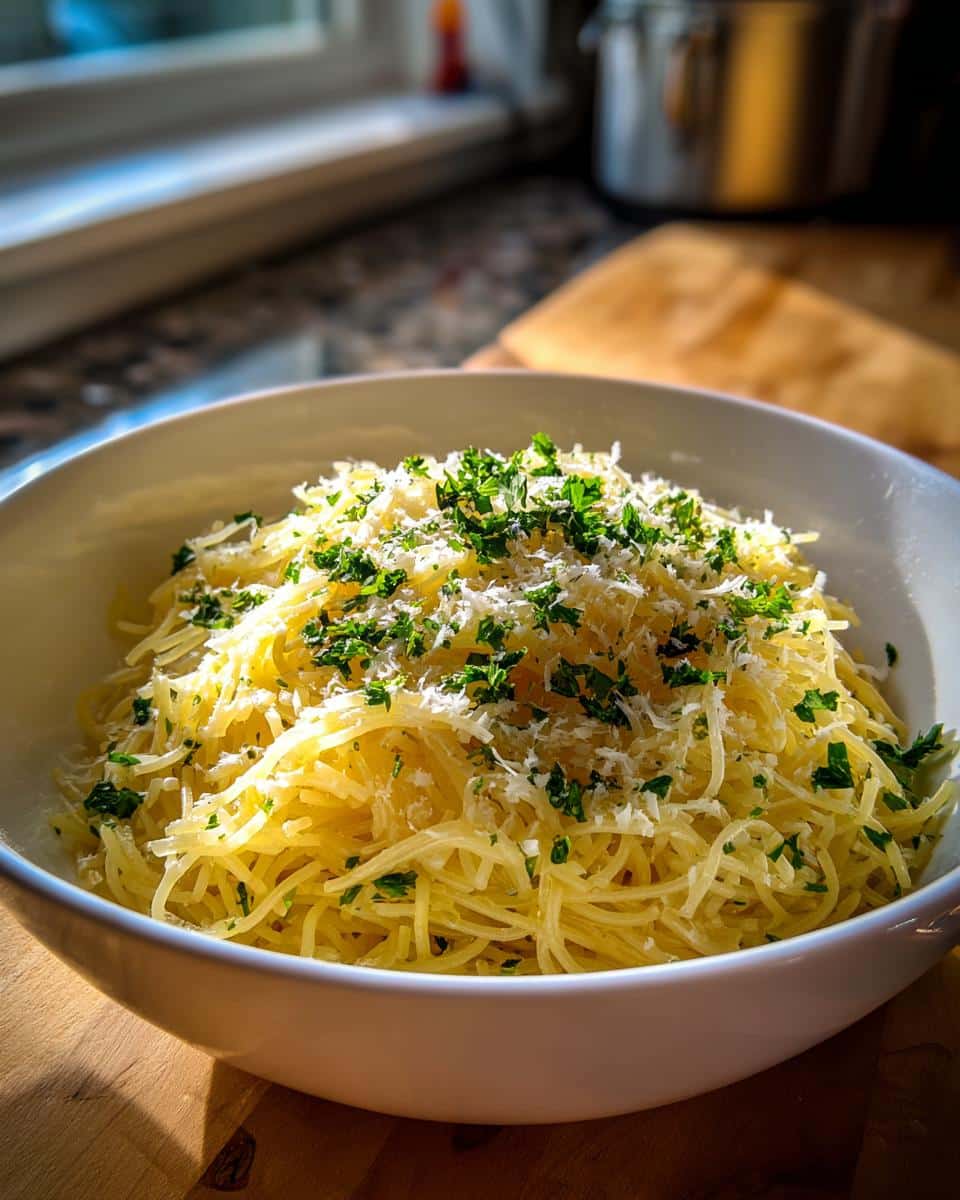 Bowl of Lemon Capellini Salad topped with parmesan cheese and fresh parsley, ready to serve.