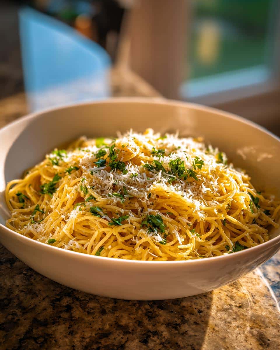 Bowl of Lemon Capellini Salad topped with parmesan cheese and fresh parsley.