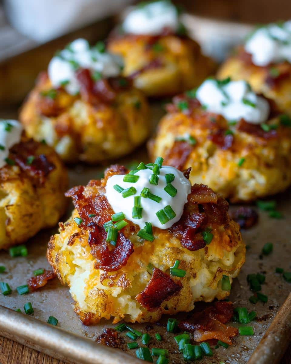 Close-up of loaded potato bites, delicious Irish appetizers with bacon, cheese, sour cream, and chives.