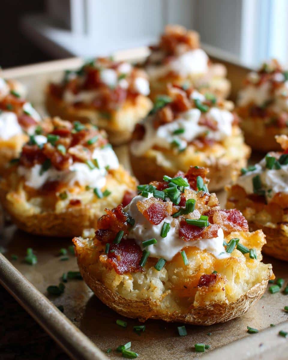 Close-up of loaded potato skins, a delicious Irish appetizers, with bacon, sour cream, and chives.