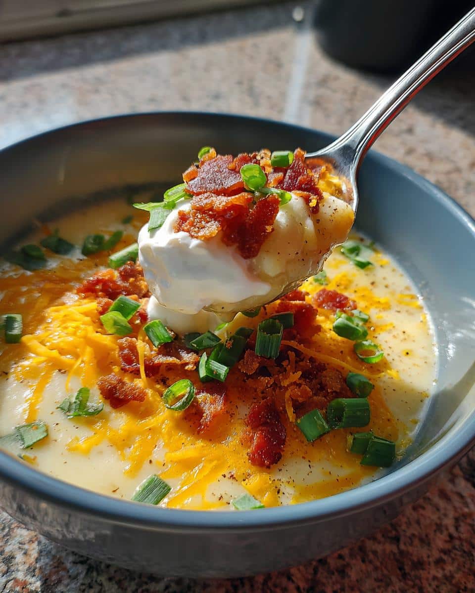 Spoonful of loaded potato soup with instant potatoes, topped with sour cream, bacon, and green onions.