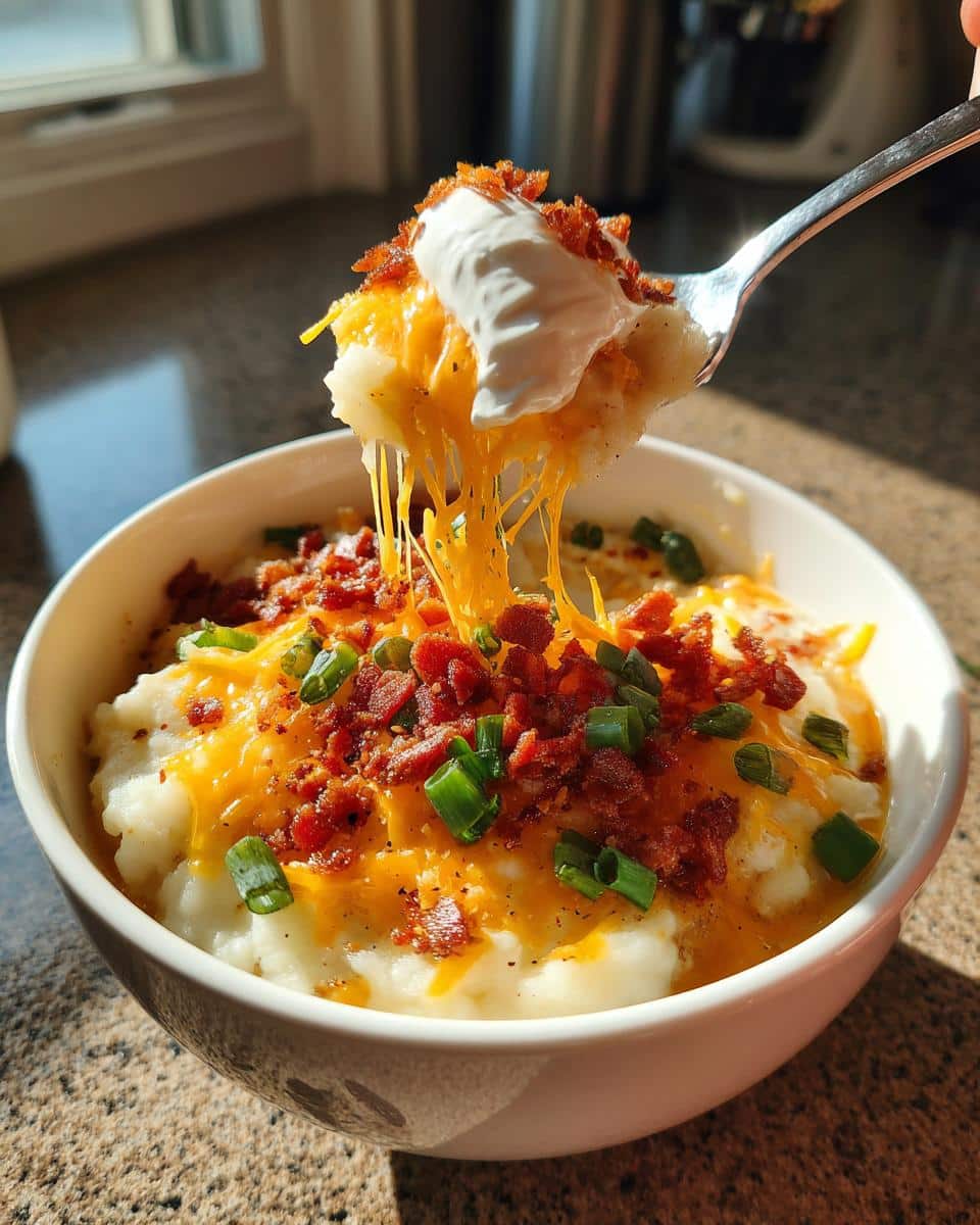 A spoonful of loaded potato soup with instant potatoes, cheese, bacon, and sour cream.