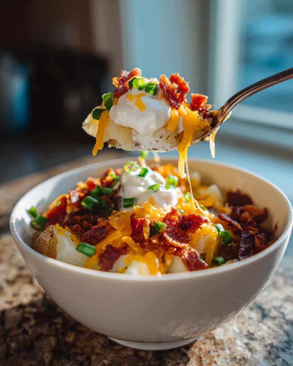 Spoonful of loaded potato soup with instant potatoes, topped with bacon, cheese, sour cream, and chives.