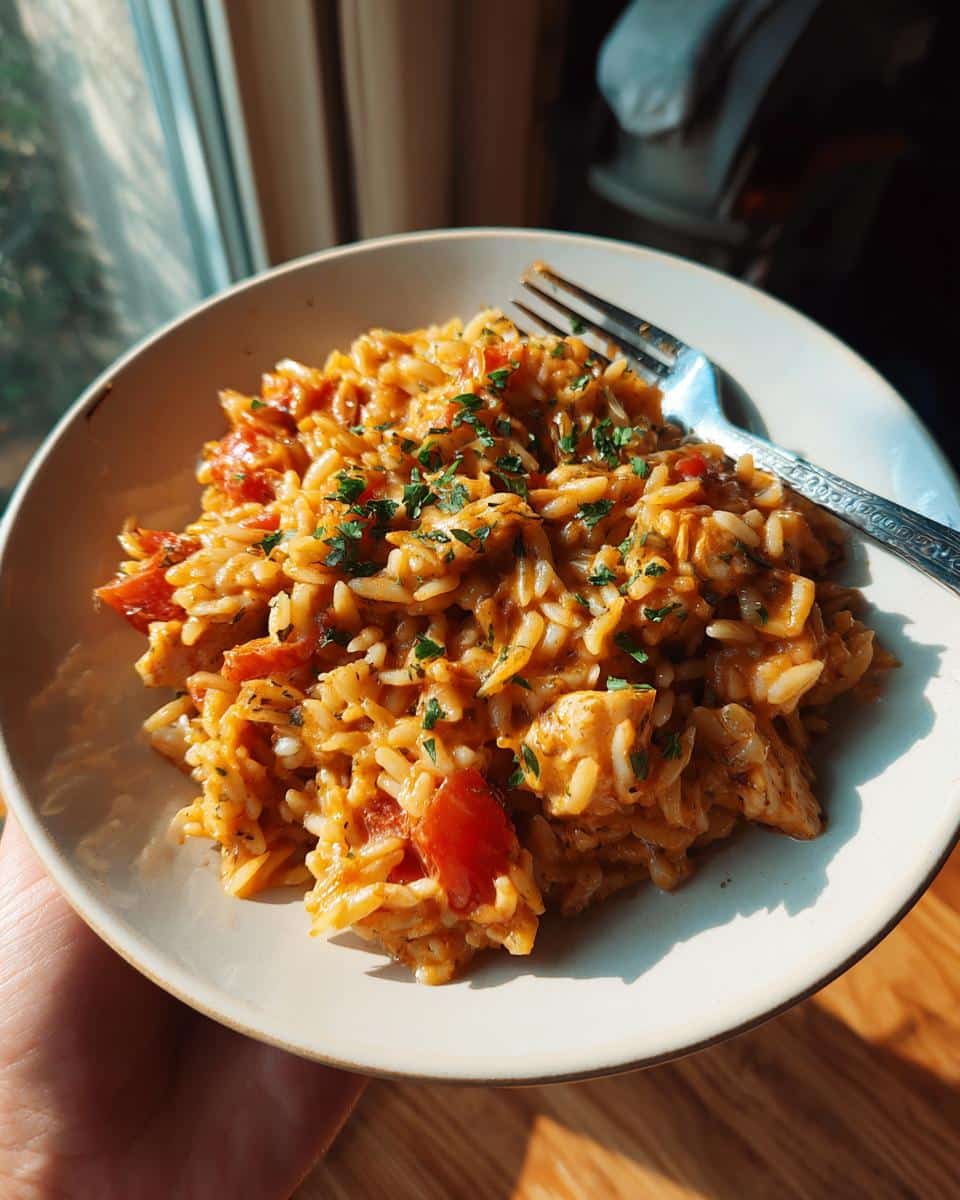 A delicious bowl of marry me chicken orzo one pot, garnished with fresh herbs and served with a fork.