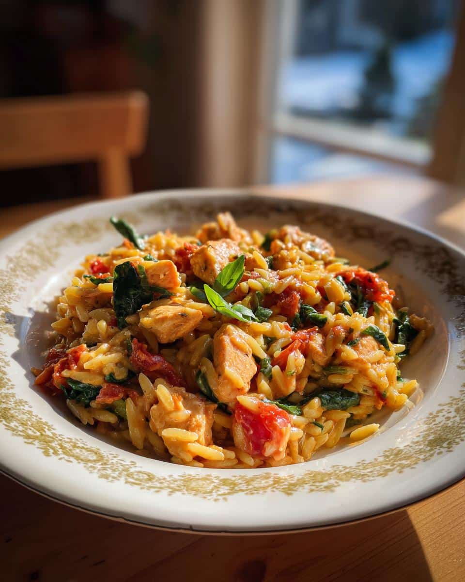 A plate of marry me chicken orzo one pot, featuring chicken, orzo pasta, spinach, and tomatoes.