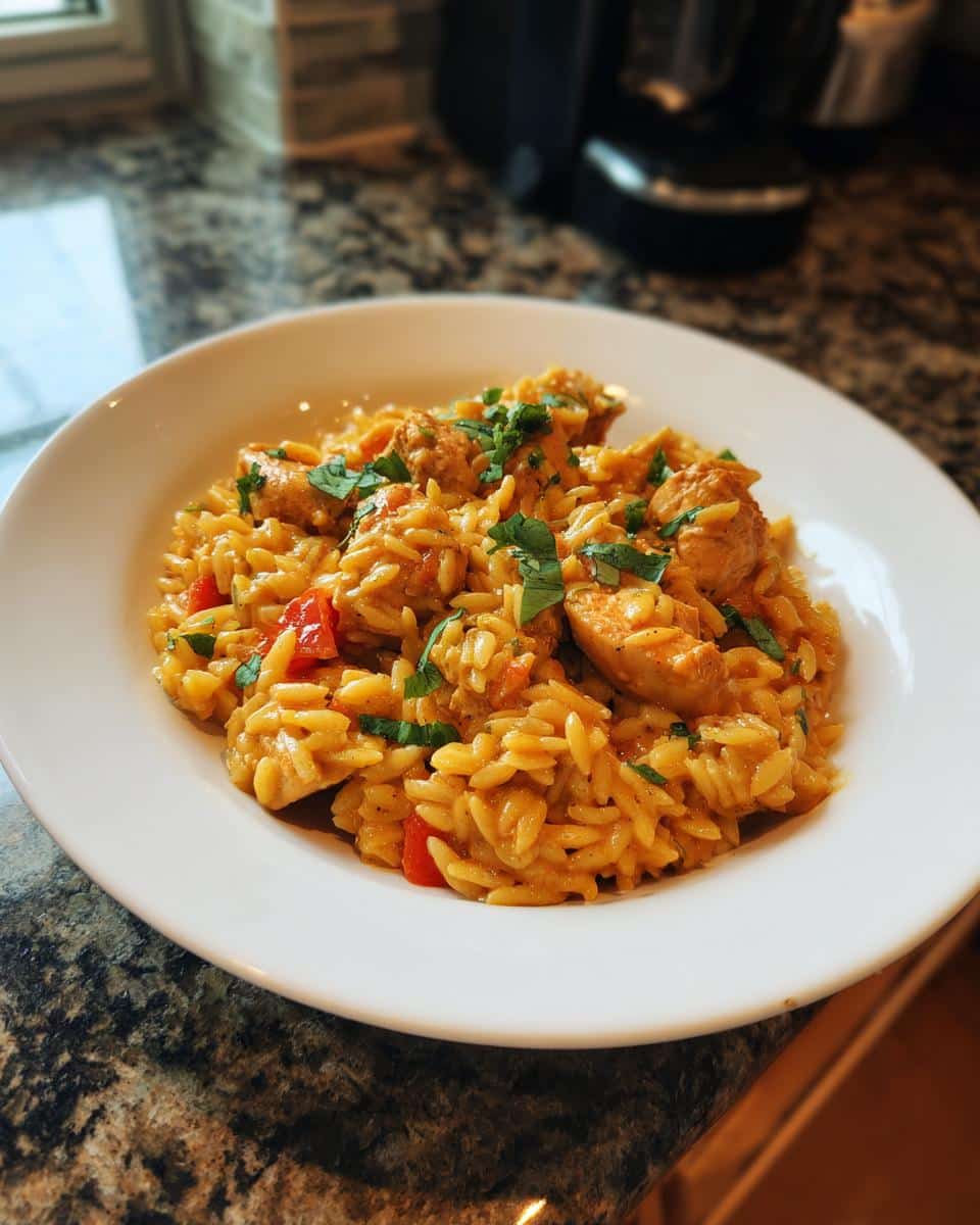 A bowl of creamy Marry Me Chicken Orzo One Pot, garnished with fresh herbs and red peppers.