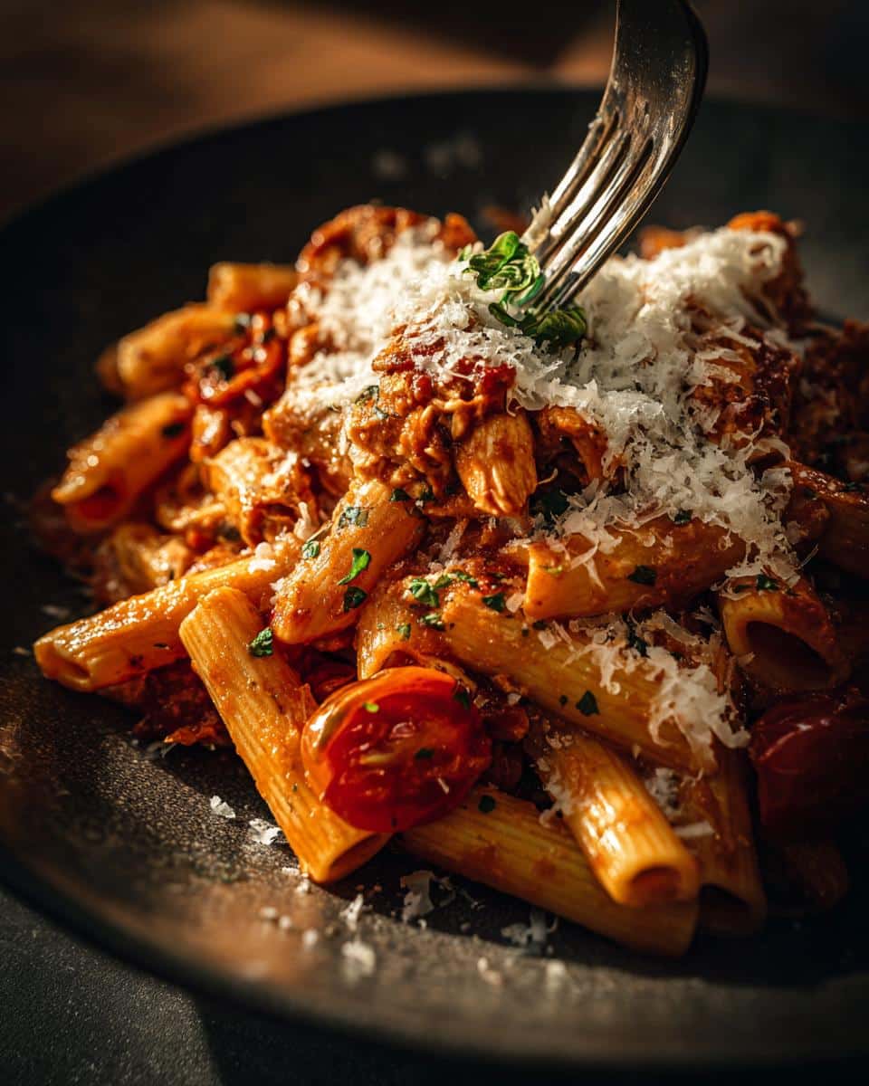 Close-up of creamy marry me chicken pasta recipe with penne, tomatoes, parmesan, and a fork.