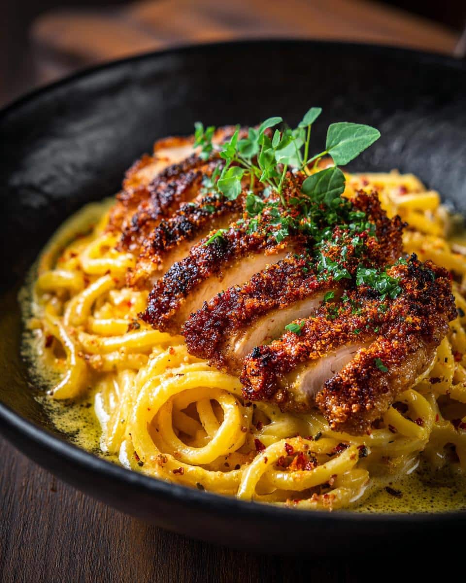 Creamy marry me chicken pasta recipe with sliced chicken breast and fresh herbs in a black bowl.