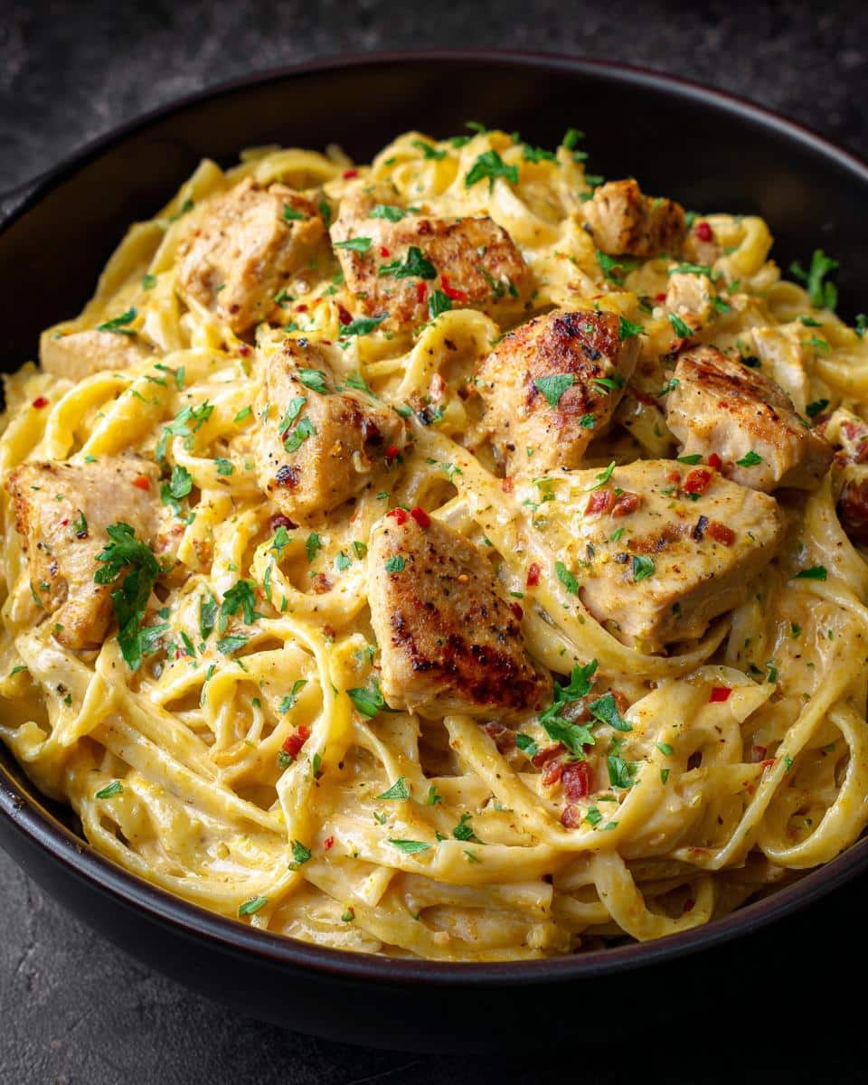 Delicious marry me chicken pasta recipe creamy in a black bowl, garnished with parsley and red pepper flakes.