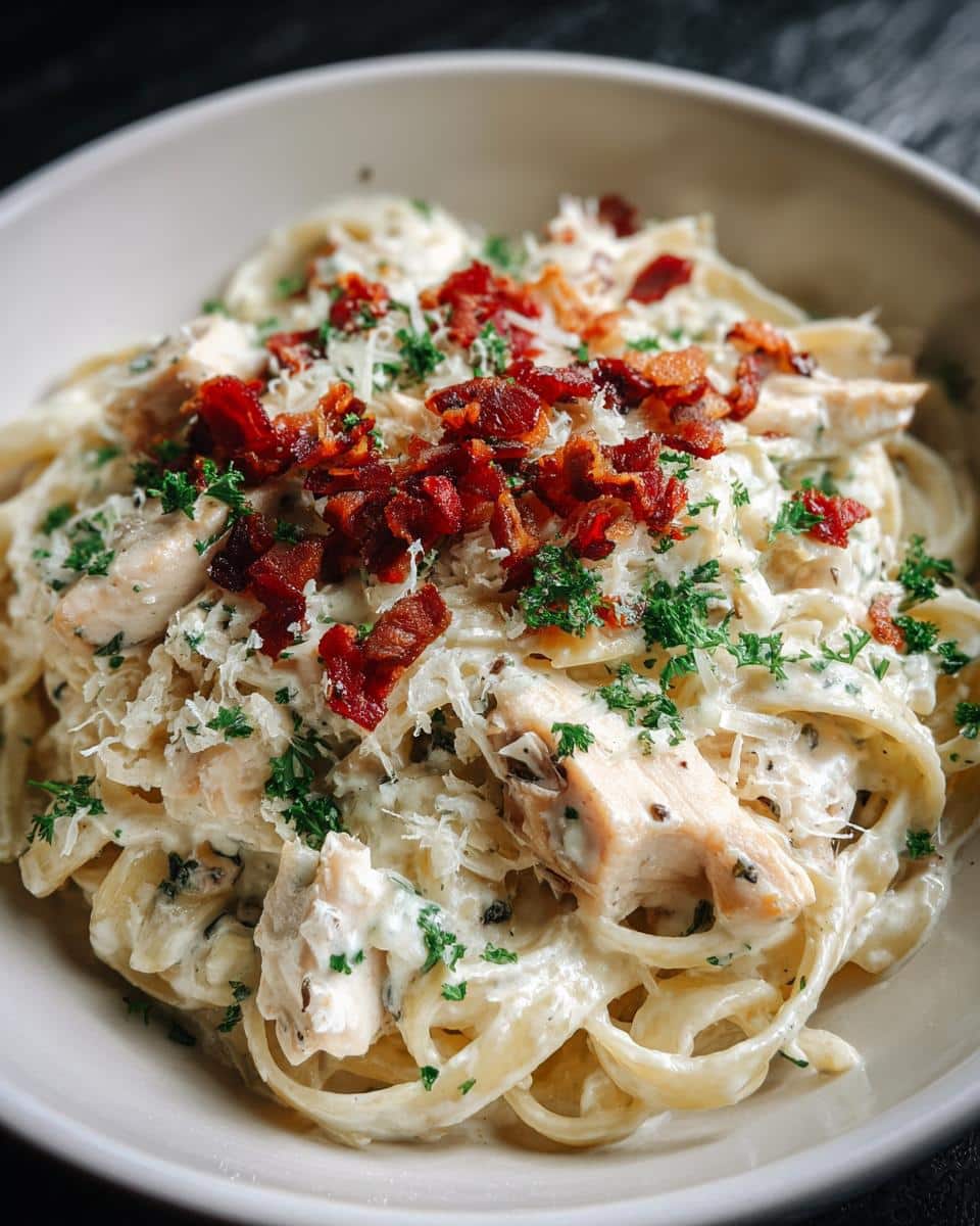 Bowl of creamy Marry Me Chicken Pasta Salad with fettuccine, chicken, bacon, parmesan, and parsley.