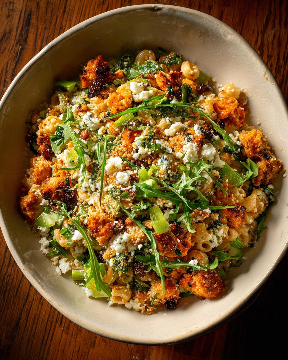 Overhead shot of Marry Me Chicken Pasta Salad in a bowl, featuring pasta, chicken, greens, and cheese.