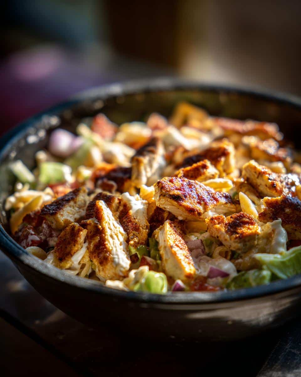 Close-up of Marry Me Chicken Pasta Salad in a black bowl, featuring grilled chicken, pasta, and creamy sauce.