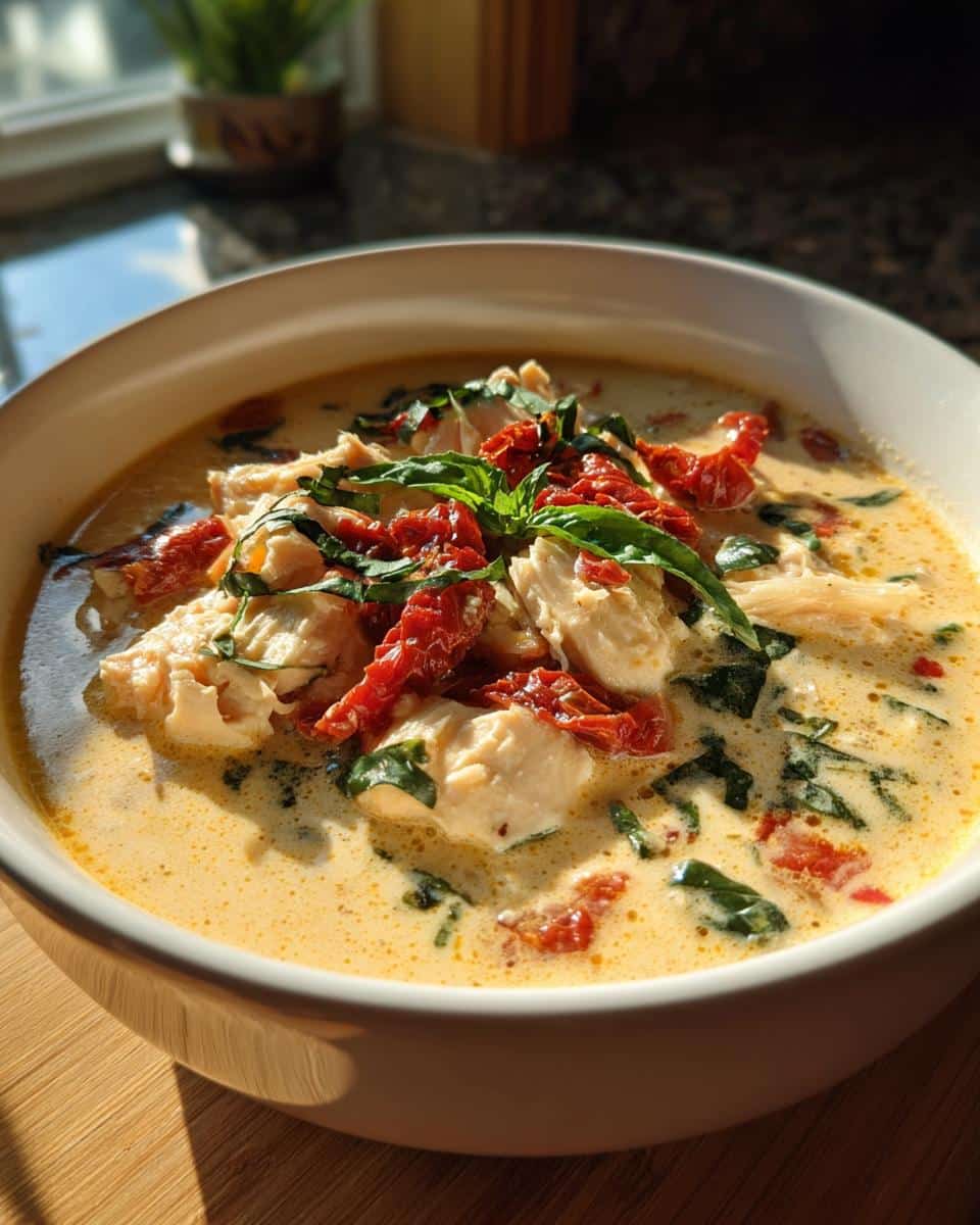A delicious bowl of Marry Me Chicken Soup Keto, garnished with sun-dried tomatoes and basil.