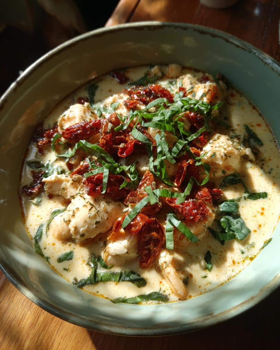 A bowl of creamy Marry Me Chicken Soup Keto, garnished with sun-dried tomatoes and fresh basil.