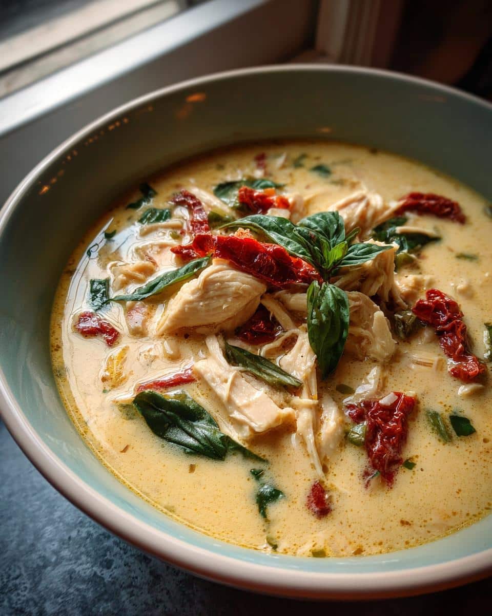 A bowl of creamy Marry Me Chicken Soup Keto with chicken, sun-dried tomatoes, and spinach.